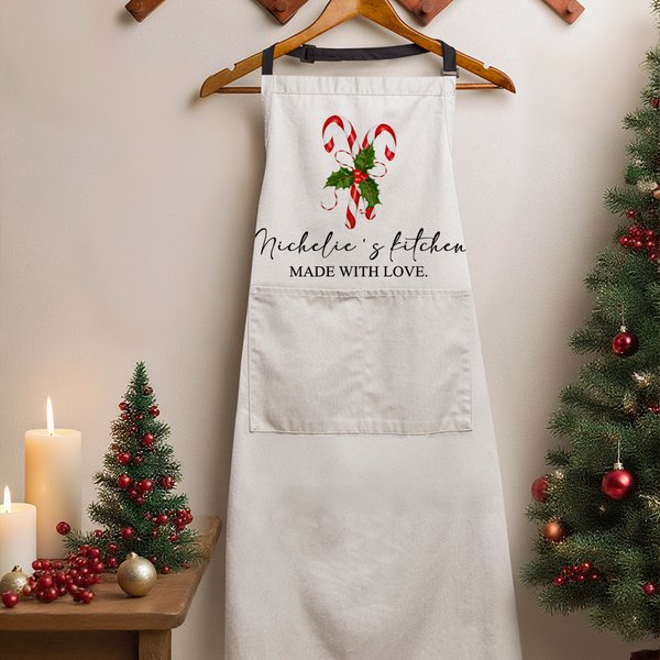 Personalized Christmas Sweets Cane Adjustable Apron with Texts and Pocket Christmas Gift for Family Cooking Lovers