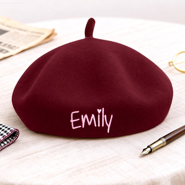 Personalised Vintage Wool Beret Hat with Embroidered Name Winter Accessory Birthday Christmas Gift for Women Men