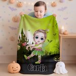 Manta personalizada con diseño de personajes de dibujos animados de Halloween y nombre regalo de fiesta de Halloween para niños y niñas