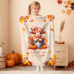 Personalised Highland Cow Pumpkin Cozy Throw Blanket with Name Home Decor Autumn Thanksgiving Birthday Gift for Highland Cow Lovers