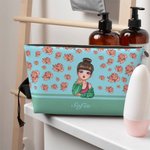 Borsa da trucco portatile personalizzata con nome fiore di nascita e ragazza in stile cartone animato regalo di compleanno e anniversario per donne
