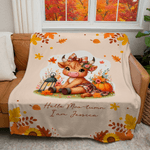 Personalised Highland Cow Pumpkin Cozy Throw Blanket with Name Home Decor Autumn Thanksgiving Birthday Gift for Highland Cow Lovers