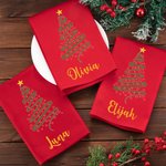 Serviettes de table rouges personnalisées avec nom et arbre de Noël 100% coton Décoration de table Cadeau de fête de Noël pour la famille et les amis