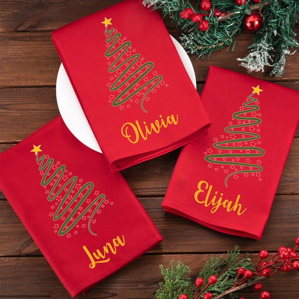 Serviettes de table rouges personnalisées avec nom et arbre de Noël 100% coton Décoration de table Cadeau de fête de Noël pour la famille et les amis