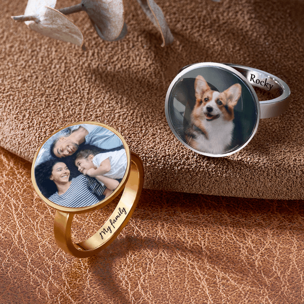 Personalized Photo Ring with Inner Band Name Engraving Memory Jewelry Daily Wear Birthday Memorial Gift for Family Couple Pet Owner