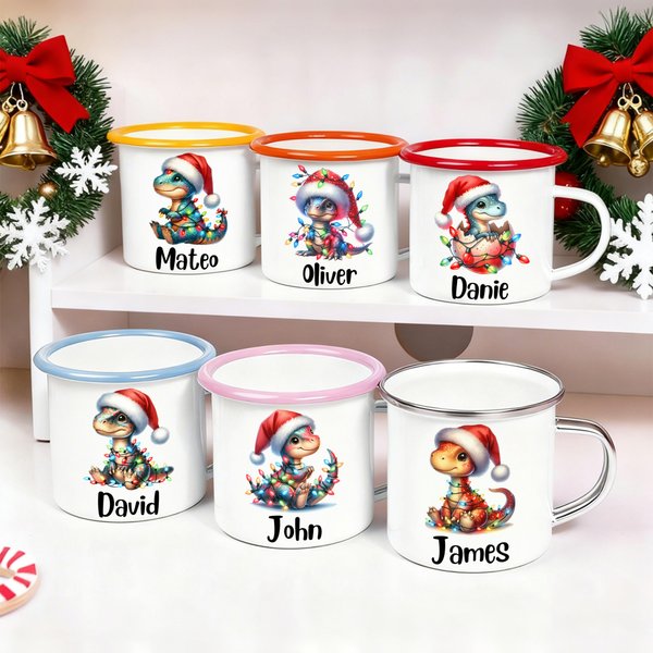 Personalized Cute Lighting Cartoon Dinosaur 12 oz Enamel Cup with Name Birthday Christmas Gift for Kids Dinosaur Lovers