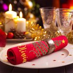 Serviettes de table rouges personnalisées avec nom et arbre de Noël 100% coton Décoration de table Cadeau de fête de Noël pour la famille et les amis