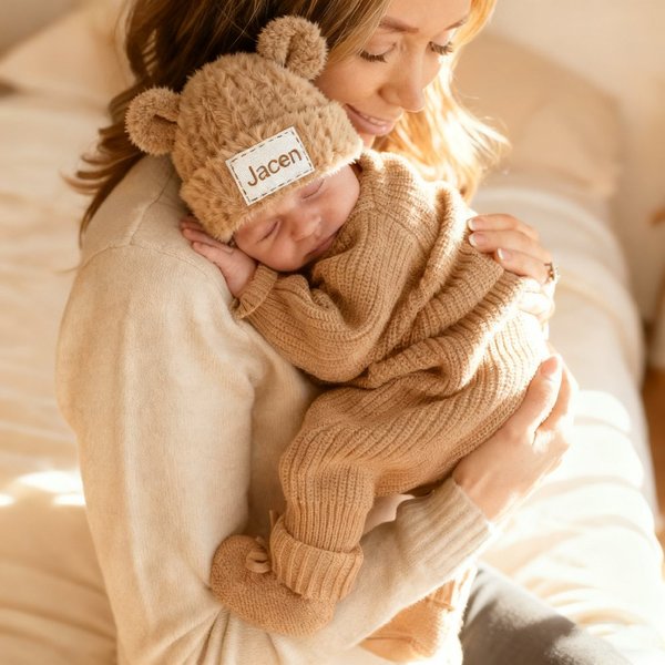 Chapeau de bonnet de fourrure à oreilles d'ours avec broderie du nom Cadeau de douche de bébé pour bébé et enfant en bas âge