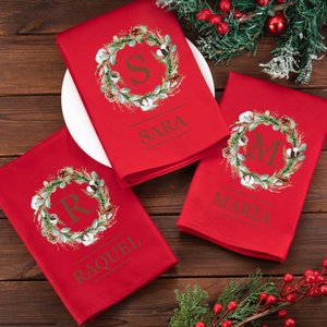 Servilleta de mesa personalizada de algodón rojo con inicial y nombre para decoración navideña regalo de Navidad para familia y amigos