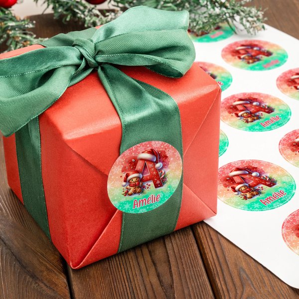Autocollants Imperméables Multicolores Personnalisés avec Nom et Initiale Motif Renne et Père Noël Mignons Cadeaux Noël pour Enfants et Famille