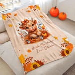 Personalised Highland Cow Pumpkin Cozy Throw Blanket with Name Home Decor Autumn Thanksgiving Birthday Gift for Highland Cow Lovers