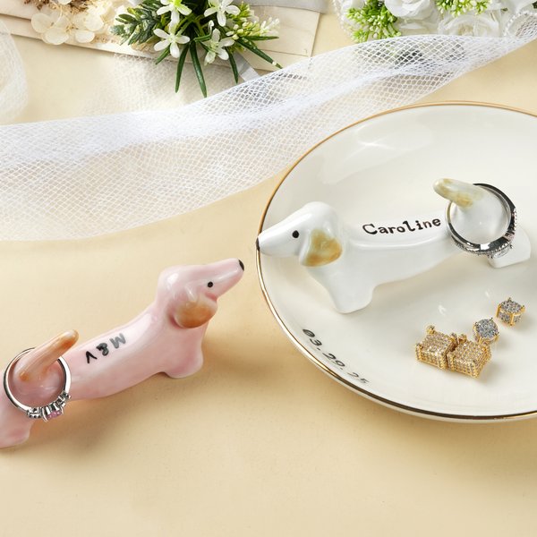 Personalized Dachshund Dog Ceramic Trinket Dish Ring Holder with Text Birthday Wedding Anniversary Gift for Women Engaged Couples