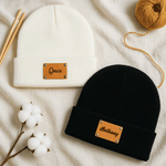 Personalised PU Leather Label Soft Knitted Beanie Hat with Name Winter Accessory Birthday Gift for Men Women Family