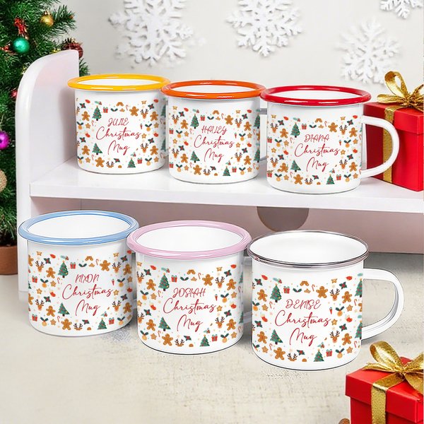 Personalized Gingerbread Man Christmas Tree Reindeer 12 oz Multicolour Rim Enamel Mug with Name Christmas Party Gift for Kids