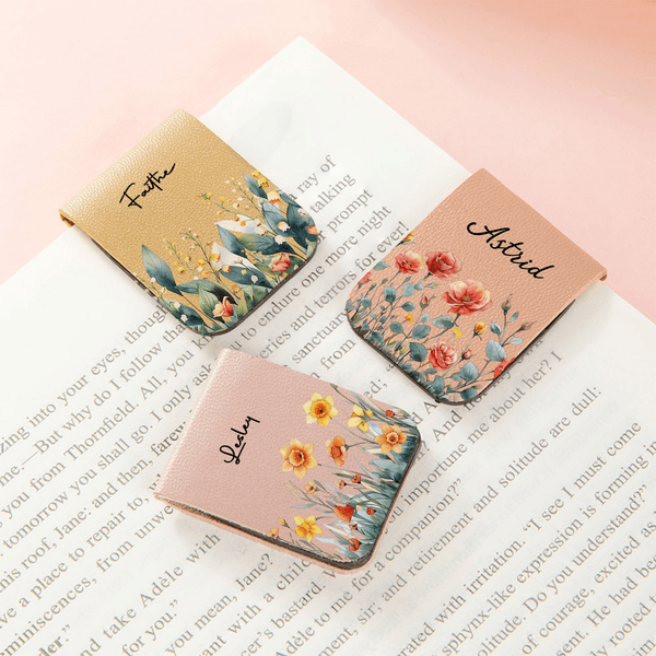 Personalised Watercolor Birth Flower Magnetic PU Leather Bookmark Clip with Name Reading Birthday Gift for Book Lovers Bookworms