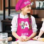Personalised Cute Cartoon Animal Chef Adjustable Apron Chef Hat Set with Name and Initial Cooking Baking Birthday Holiday Gift for Kids