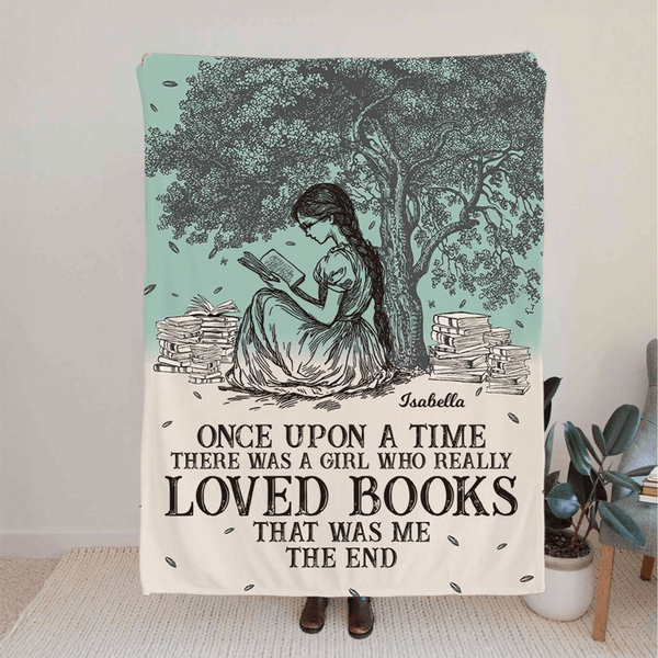 Personalized Toile De Jouy Style A Girl Who Really Loved Books Cartoon Character Soft Throw Blanket with Name Home Decor Birthday Gift for Book Lovers