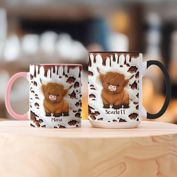 Personlig söt höglandsko keramisk kaffekopp med namn och underlägg perfekt födelsedagspresent för höglandsko älskare
