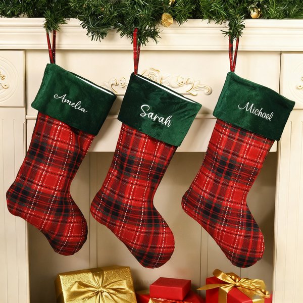 Personalized Plaid Christmas Stocking with Embroidered Name Patch Fireplace Hanging Holiday Decor Christmas Gift for Family