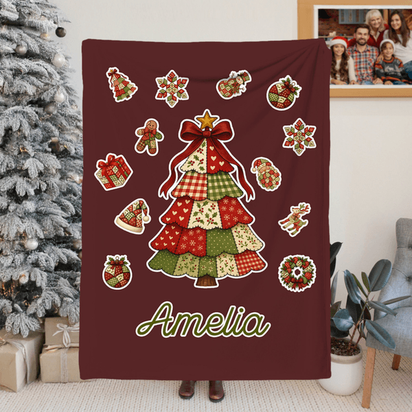 Personalised Colourful Patchwork Element Christmas Tree Santa Claus Soft Throw Blanket with Name Home Decor Christmas Gift for Family Friends