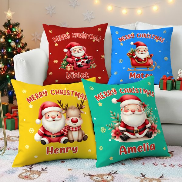Personalized Cute Santa Throw Pillow Cover with Name Home Decor Christmas Gift for Family Kids