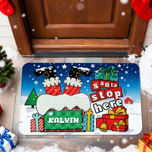 Spersonalizowana wycieraczka Santa Stop Here Chimney Santa Claus z imieniem i nazwiskiem Dekoracja domu Prezent świąteczny dla przyjaciela rodziny