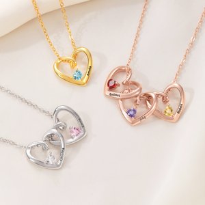 Collier en forme de coeur personnalisé avec 1 à 6 noms gravés et pierres de naissance Cadeau anniversaire Saint-Valentin pour les femmes