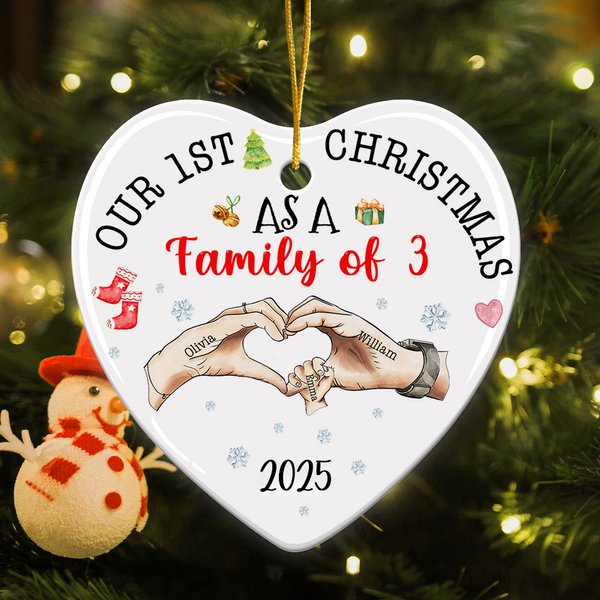 Personalized Our 1st Christmas As A Family Holding Hands Heart-Shaped Ceramic Ornament with Name Christmas Tree Decor Gift for Family