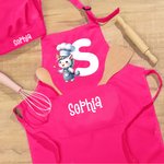 Personalised Cute Cartoon Animal Chef Adjustable Apron Chef Hat Set with Name and Initial Cooking Baking Birthday Holiday Gift for Kids