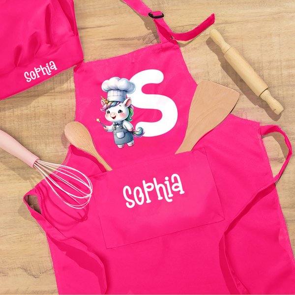 Personalised Cute Cartoon Animal Chef Adjustable Apron Chef Hat Set with Name and Initial Cooking Baking Birthday Holiday Gift for Kids