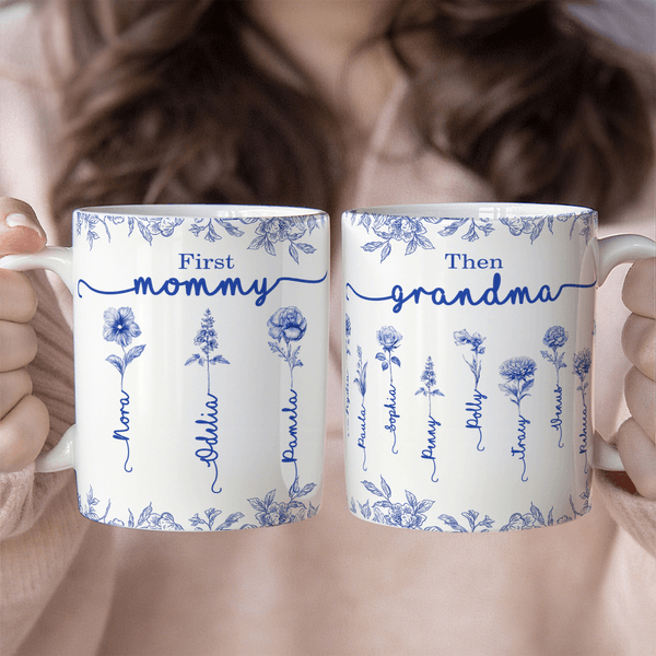 Tasse à café personnalisée Toile de Jouy Fleur de naissance en céramique avec noms et prénoms Noël Thanksgiving Day Birthday Gift for Women