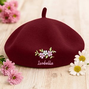 Béret en Laine Personnalisé avec Nom et Fleur Brodés Style de Vintage Cadeau d'Anniversaire pour Femme