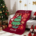 Couverture de Noël Personnalisée avec Nom Texte Motif Floral autour de Sapin Noël Cadeau pour Famille Amis