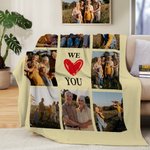Coperta personalizzata multicolore We Love You con design a nove griglie e 8 foto, regalo per la famiglia, compleanno e festa della mamma.