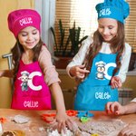 Personalised Cute Cartoon Animal Chef Adjustable Apron Chef Hat Set with Name and Initial Cooking Baking Birthday Holiday Gift for Kids