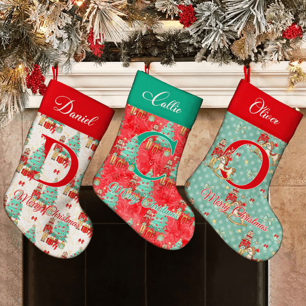 Personalised Christmas Tree Multiple Pattern Nutcracker Stocking with Name and Initial Christmas Gift for Family Friends Kids