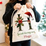 Gepersonaliseerde Canvas Cadeauzak met Trekkoord Belletje Hulst en Kerstmanhoed Ontwerp met Initiaal Naam en Tekst Kerstcadeau voor Familie Kinderen