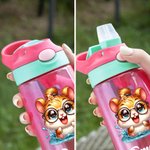 Personalized Cartoon Animals 16 oz Kid Water Bottle with Name and Silicone Straw Back to School Birthday Gift for Boys Girls
