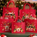 Personalized Cartoon Reindeer Reusable Red Jute Tote Bag with Name Christmas Party Gift for Family Kids