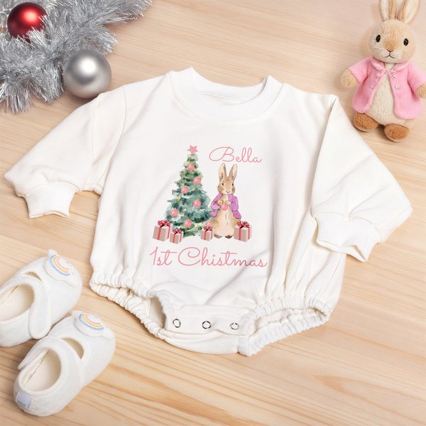 Personlig Peter Rabbit Första Julen 100% Bomull Långärmad Baby Bodysuit Matchande Pannband och Strumpor med Namn Julklapp för Nyfödda