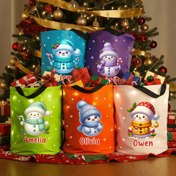 Personalizzato Cute Cartoon Snowman LED Light Bucket Bag con nome Holiday Storage Decor Regalo di Natale per bambini amici famiglia