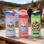 Personalised Cute Animals 12 oz Insulated Kid Water Bottle with Name and Straw Back to School Birthday Gift for Boys Girls