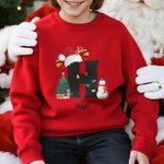 Sweat-shirt à Capuche Multicolore Personnalisé avec Motif Sapins Bonhommes de Neige Initiale et Nom Cadeau Noël pour Famille et Amis