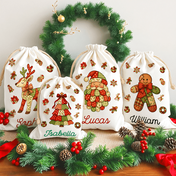 Personalizzato Patchwork Elemento Albero di Natale Babbo Natale Tela Coulisse Borsa regalo con nome Regalo di Natale per la famiglia Bambini