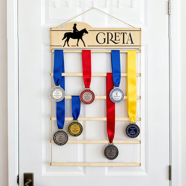 Personalized Horse Show Silhouette Ribbon Badge Holder with Text Equestrian Award Display Birthday Game Day Team Gift for Horse Rider Lover
