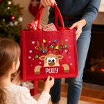 Personalized Cartoon Reindeer Reusable Red Jute Tote Bag with Name Christmas Party Gift for Family Kids