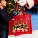 Personalisierte Cartoon Rentier wiederverwendbare rote Jute Tote Tasche mit Namen Weihnachten Party Geschenk für Familie Kinder