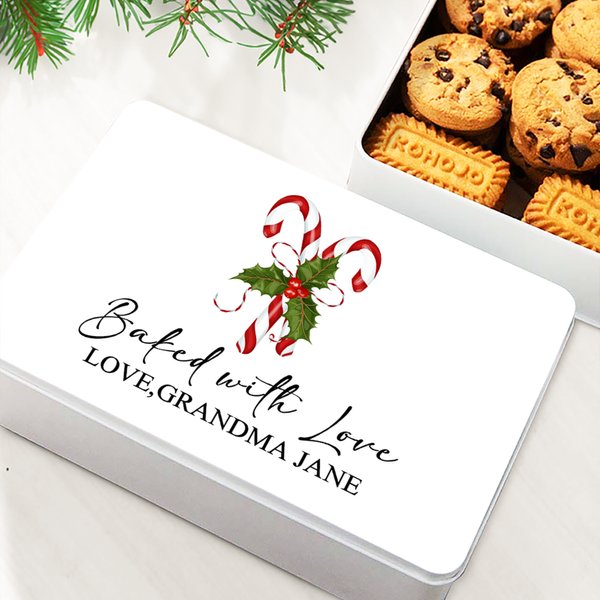 Personlig julgodis Cane Food Grade Metal Biscuit Tin Box med texter julklapp för familj barn