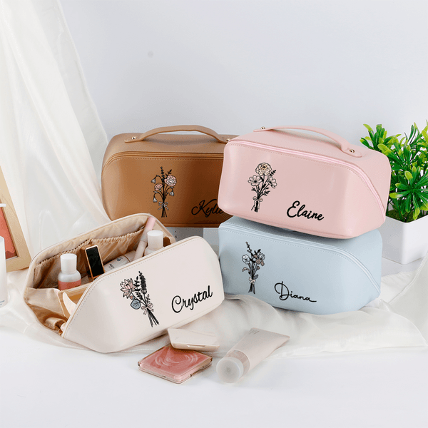 Henkilökohtainen Syntymä Kukka Suuri Avoin Kannettava PU Nahka Makeup Bag nimi Travel tarvikkeet Syntymäpäivä lahja naisille tytöille