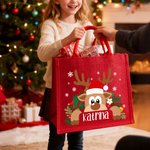 Personalized Cartoon Reindeer Reusable Red Jute Tote Bag with Name Christmas Party Gift for Family Kids